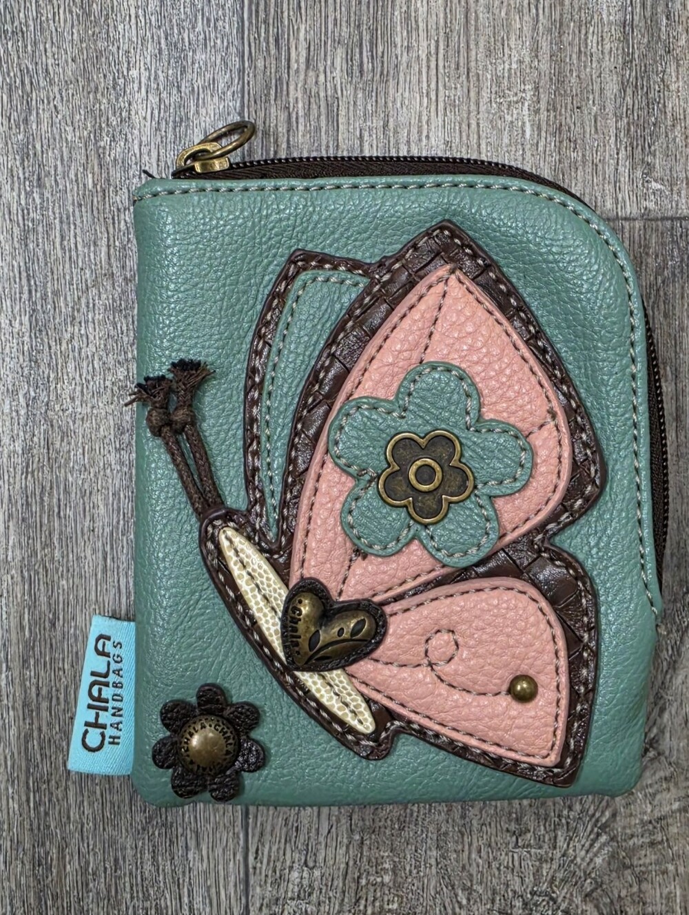 Chala Green and Pink Butterfly Zip Wallet/Wristlet